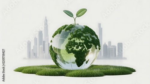 Glass earth globe with green leafy continents and sprout on grassy patch with distant city skyline for sustainable development and environment