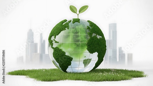 Glass earth globe with green moss continents and a small sprout on placed on grass in front of a blurred modern city skyline background