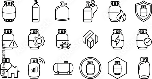 Gas cylinder icon set featuring LPG tank oxygen fuel propane butane shield fire line art vectors for industrial website designs