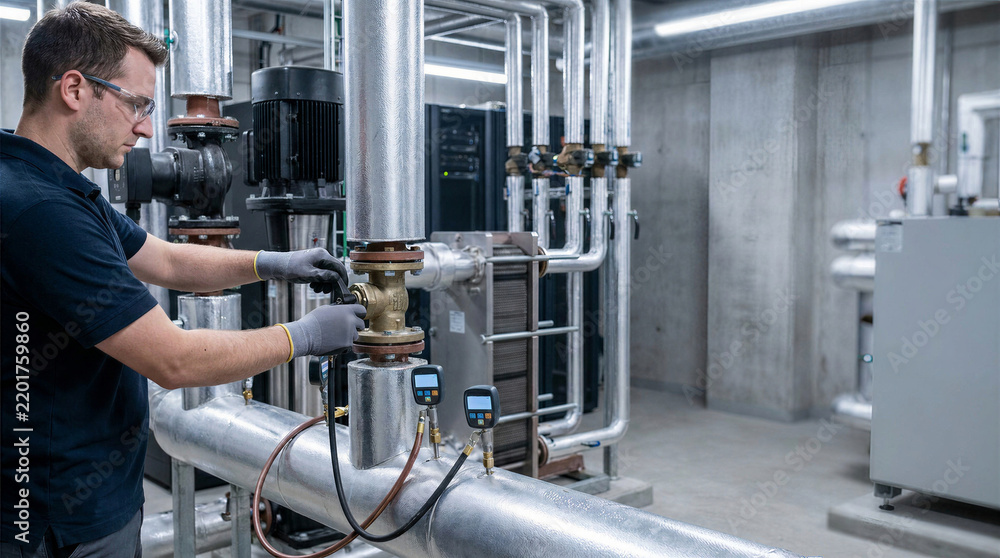 Obraz premium Cooling specialist performing preventive maintenance on coolant distribution unit and circulation pump in data center server room. Liquid cooling system engineering and industrial technology.