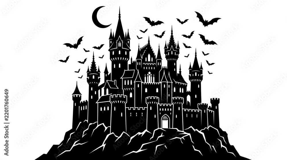 Obraz premium Gothic spooky castle silhouette with flying bats and crescent moon, haunted medieval fortress on a rocky cliff, dark halloween palace vector illustration