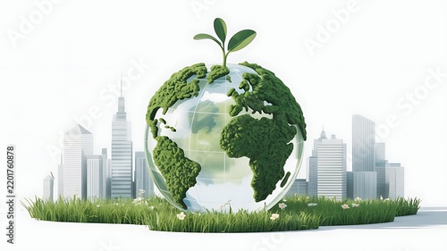 Transparent glass globe with green foliage continents and small sprout on grassy ground with modern city buildings in background, for ecology