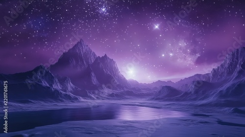Stunning night sky over icy mountains reflecting in serene waters. A vibrant cosmic scene of deep purple hues and twinkling stars.