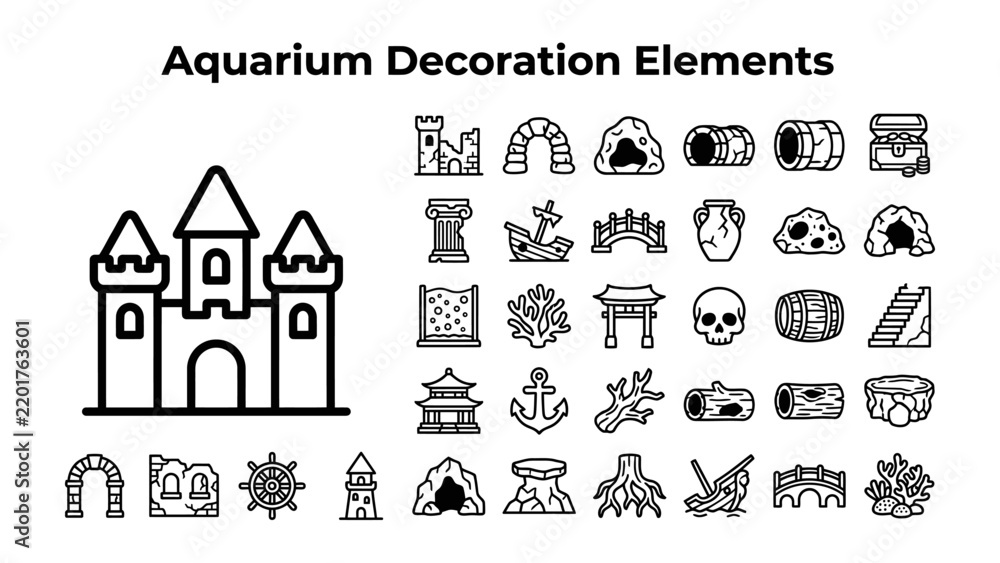 Obraz premium Aquarium Decoration Elements: A collection of diverse illustrated icons representing various elements for aquarium decoration, including castles, bridges, plants, and historical structures.