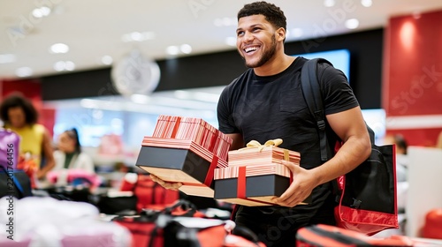 A cheerful man holds two wrapped Christmas gifts in a nearly empty department store. Last-minute holiday shopping creates a festive yet urgent atmosphere.