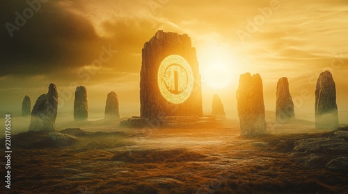 Mysterious stone circle at sunrise with a glowing emblem. A tranquil landscape filled with fog and ancient stones.