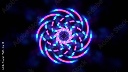 Stylized Glowing Neon Geometric Mandala Spiral Motion Abstract Background. 4K