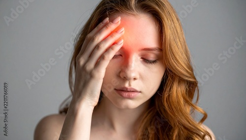 Woman suffering from a severe migraine headache touching her painful forehead against a neutral studio backdrop.