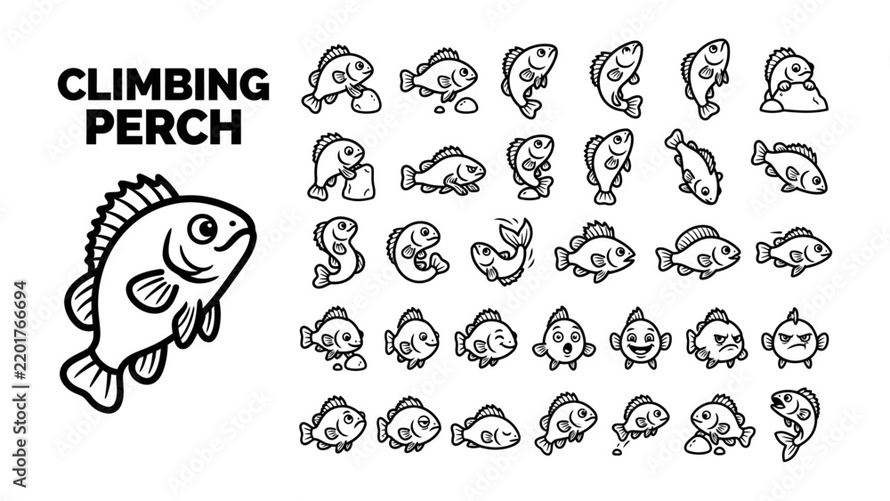 Obraz premium Climbing Perch Icons: A collection of simple, charming black and white illustrations depicts various emotions and actions of the climbing perch fish.
