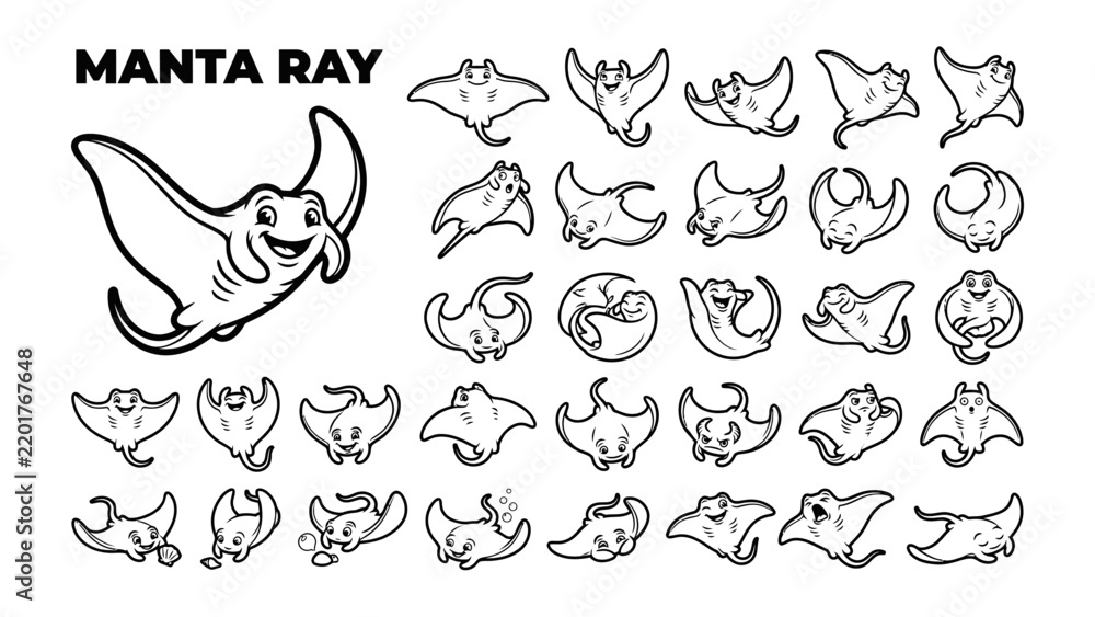 Obraz premium Collection of Manta Ray Illustrations: A variety of cute and cartoonish illustrations showcase manta rays in different poses and expressions, highlighting their unique shape and aquatic grace.