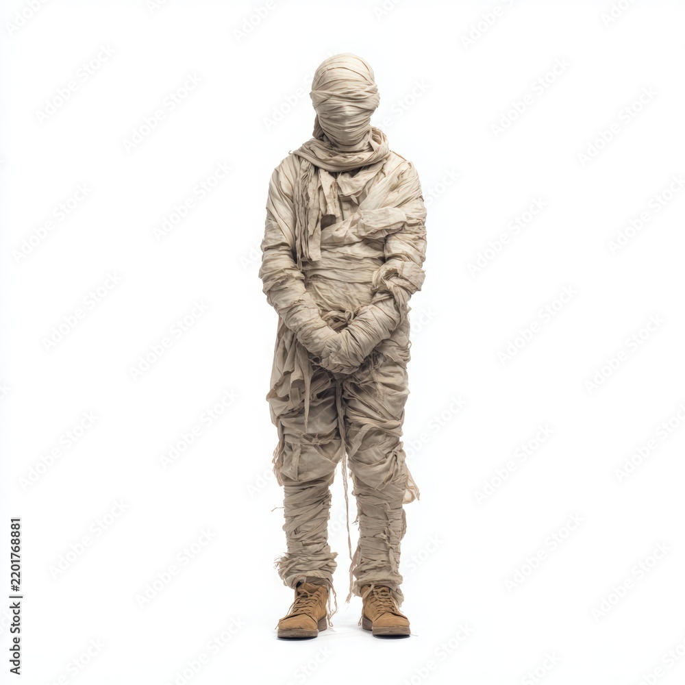 Obraz premium Mummy costume figure wrapped in beige bandages stands upright with arms crossed, wearing brown boots against a plain white background