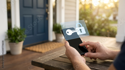 Person using smartphone app to unlock a virtual door key outside a house.