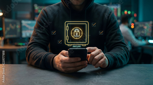 Person using smartphone with secure digital lock and verification icons overlay.