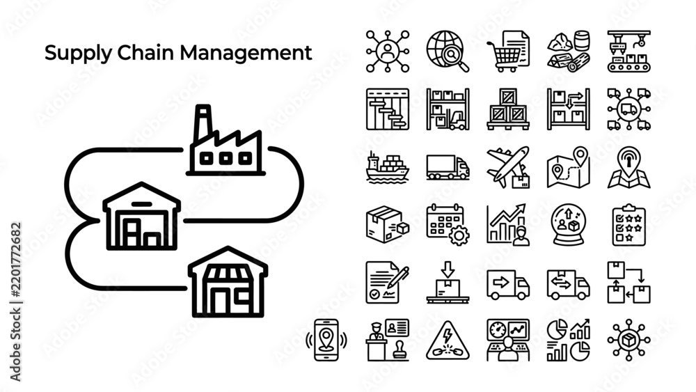 Fototapeta premium Supply Chain Management Icons: A comprehensive set of line art icons illustrating various aspects of supply chain management, from production to delivery.