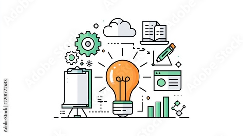 Bright idea bulb with business icons and charts in a flat design concept