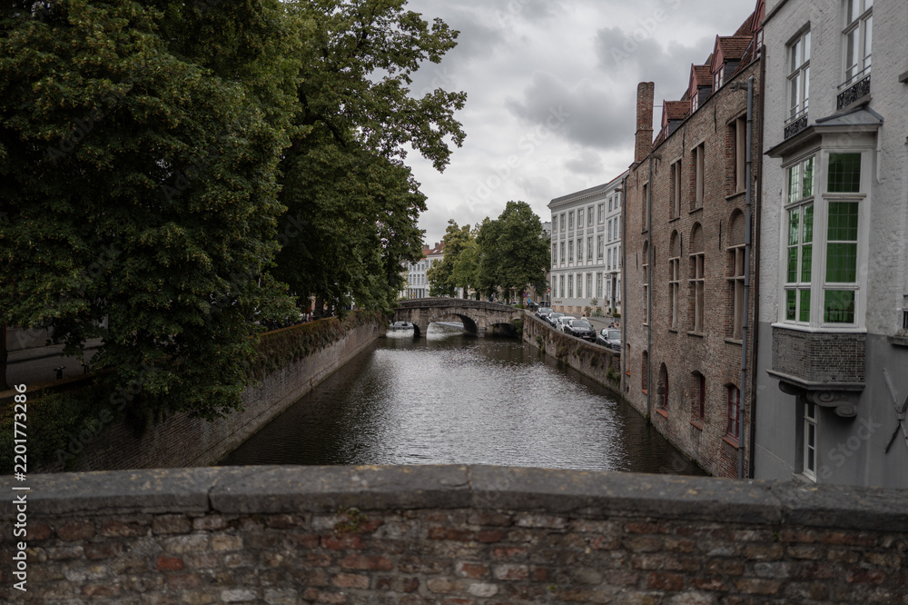 Obraz premium Canal scene with stone bridge and buildings in Bruges