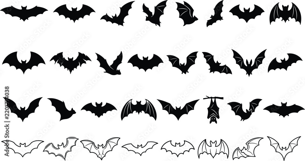 Fototapeta premium large collection of black isolated halloween bat silhouettes and flying line art design elements vector 