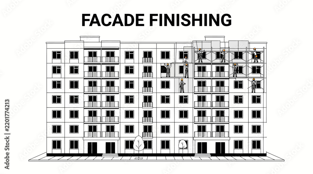 Fototapeta premium Very beautiful black and white flat vector illustration of an apartment building during facade finishing, exterior panels, windows, balconies, LABEL: