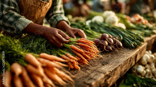 Market scene shows a person selecting fresh vegetables at a local farmers market during daylight hours in a bustling outdoor environment