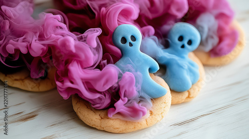 Colorful Halloween cookies shaped like blue ghosts with pink and purple smoke effects on wooden surface