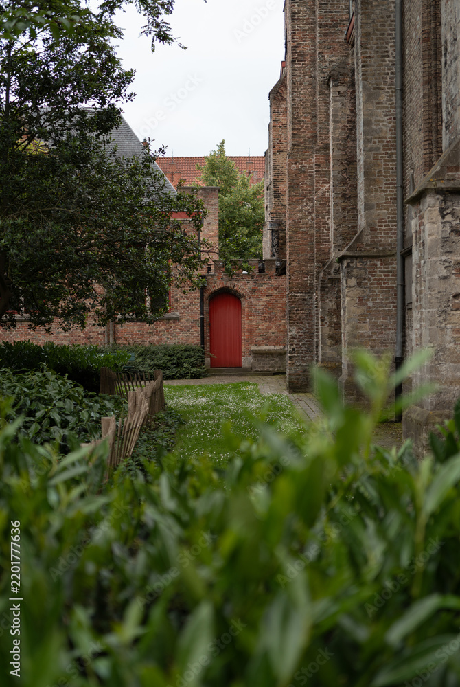 Obraz premium Red door in Bruges courtyard garden