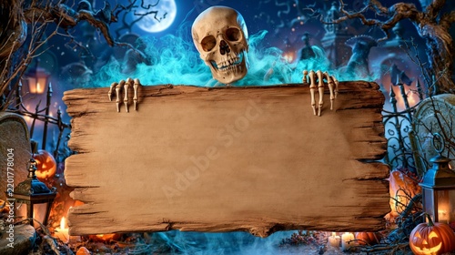 Skeleton skull holding blank wooden sign halloween night