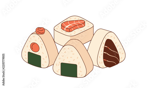 Hand drawn japanese onigiri and sushi rice balls illustration