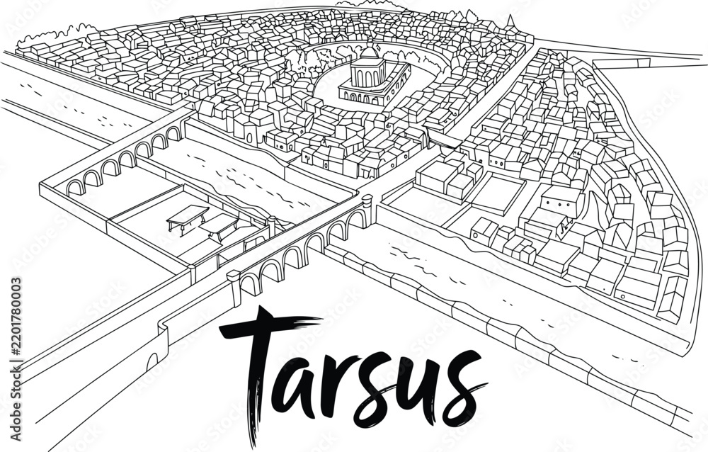 Fototapeta premium Tarsus city skyline and ancient stone bridge over river with historical houses and buildings in the minimal line drawing