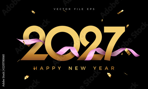 Happy New Year 2027 Gold Typography with Pink Ribbon and Confetti Vector Design