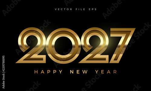 Happy New Year 2027 Golden Outlined Typography Vector Design on Dark Background
