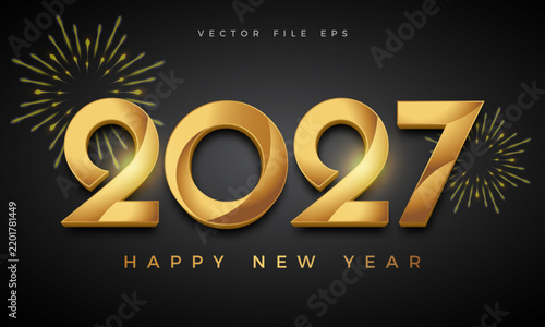 Happy New Year 2027 Luxury Gold Number Typography Vector Illustration with Fireworks on Dark Background