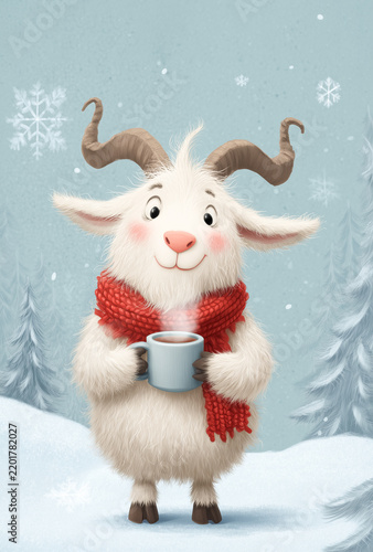 Fluffy white goat holding a steaming mug of hot cocoa, wearing a red knitted scarf in a snowy winter landscape, cozy Christmas illustration.