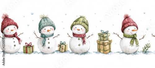 Watercolor Christmas seamless border with adorable baby snowmen and tiny wrapped gifts in a repeating horizontal pattern on a clean white background.