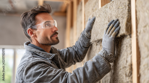 Close-up of a construction worker installing thermal insulation into a wooden interior wall frame, wearing protective gloves, safety glasses and workwear.