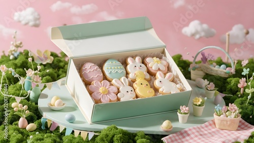 Elegant Easter cookie gift box filled with decorated egg, flower, bunny and chick shaped cookies in a playful pastel miniature tea-party diorama