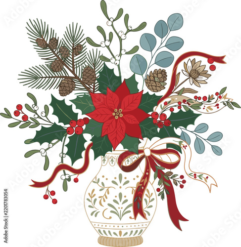 Christmas Floral Arrangement in a Decorative Vase, Featuring Poinsettia