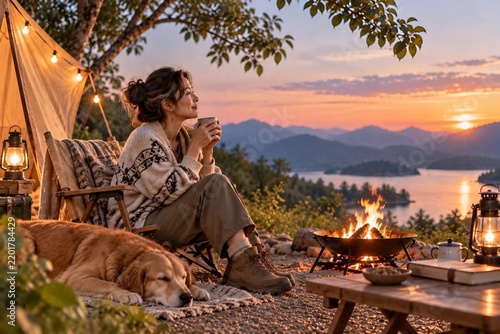 Woman Camping with Dog by Campfire at Mountain Sunset
