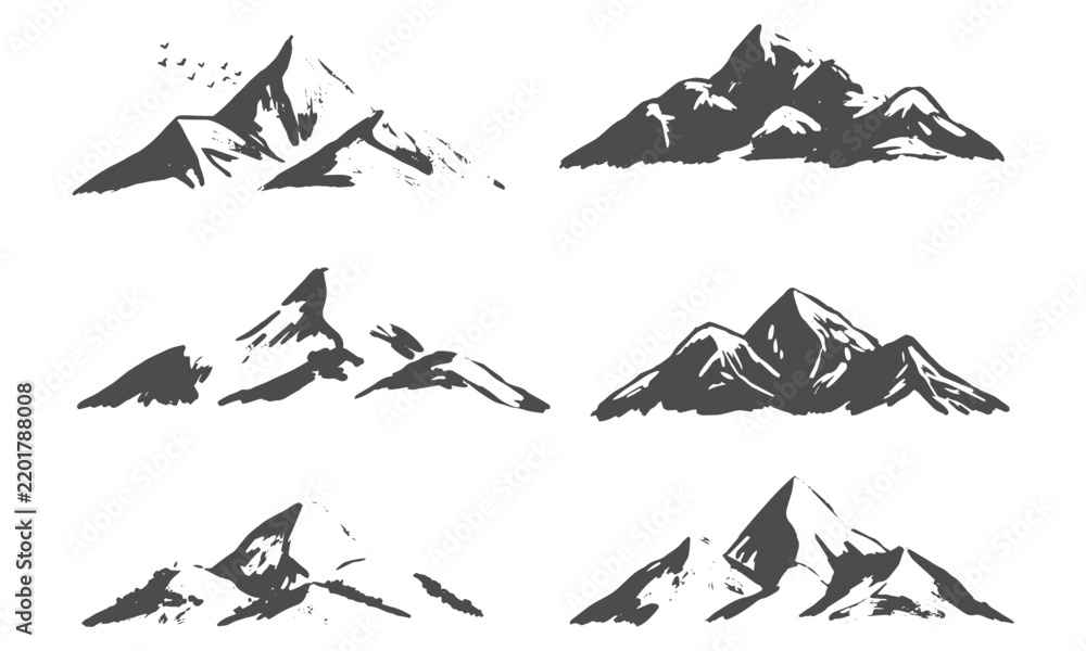 Fototapeta premium Collection of abstract rough brush stroke mountain peaks black silhouette sketch vector illustration