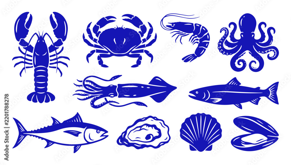 Obraz premium Set of blue vector icons featuring various fresh seafood, fish, and ocean creatures illustration