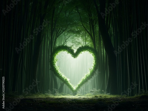 Glowing green heart shape arch in dark mystic bamboo forest for nature love concept