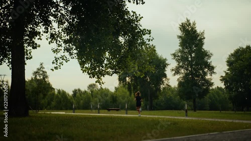 Female jogger running on park path beside trees under hazy morning light with wide open green spaces