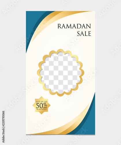 Ramadan sale banner with a scalloped flower shaped photo frame on a cream and teal background