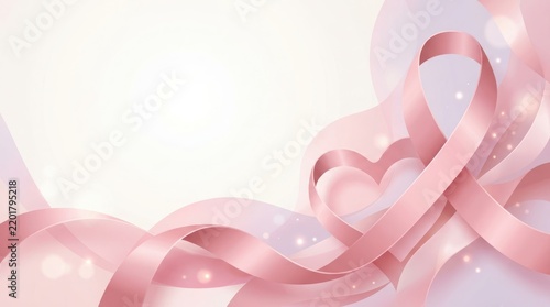 Flowing pink silk ribbons forming a heart shape on a soft abstract background with abstract