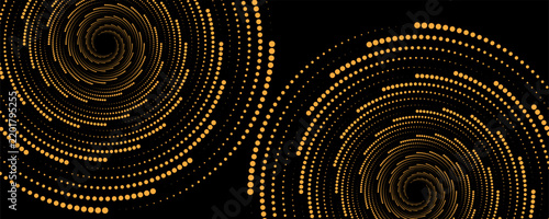 PrintSwirl pattern with dots. Half ton circle on black background. Abstract background with dotted circles. Vector illustration.