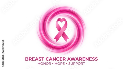 Pink breast cancer awareness ribbon emblem on white background with honor hope support text