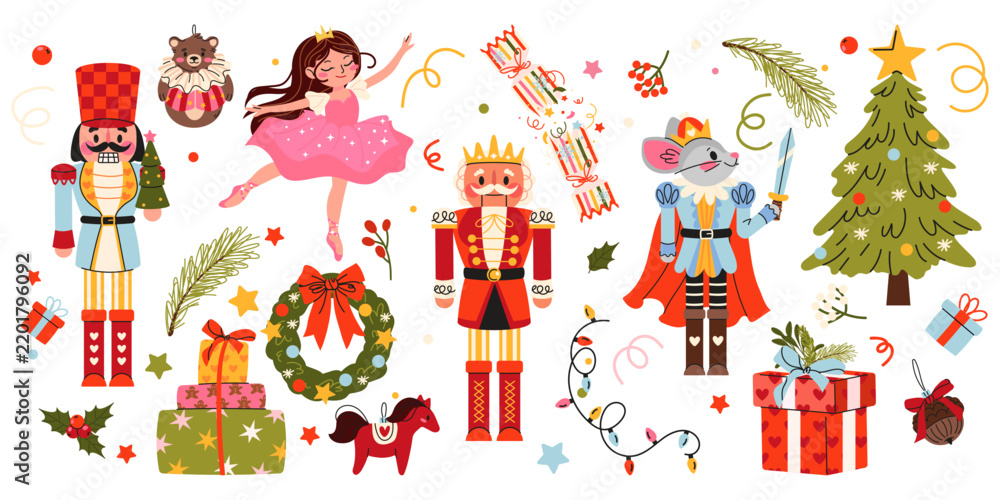 Obraz premium Christmas nutcracker illustration set with nutcracker soldiers, Mouse King, ballerina, Christmas tree, gifts, wreath, ornaments and festive decorations. Hand drawn cartoon style vector collection.