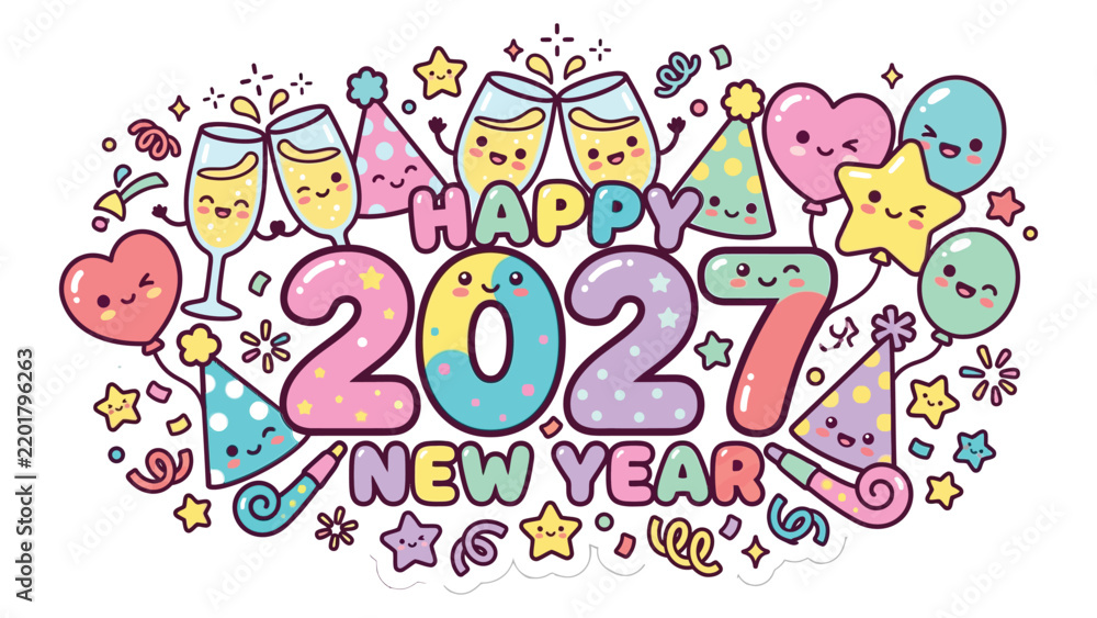 Obraz premium Happy colorful new year 2027 celebration illustration with champagne glasses