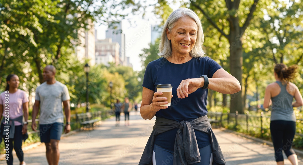 Obraz premium Smiling senior woman checking a smartwatch during a walk in a sunny urban park, illustrating fitness tracking, healthy aging, wellness, mobility and active lifestyle.