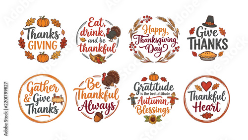 Thanksgiving gratitude vector badges with autumn leaves and pumpkins