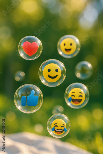 Floating emoji bubbles showing smiles hearts and online reactions